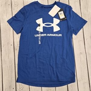 NWT Under Armour Bold Logo Blue Tee Boys Size M